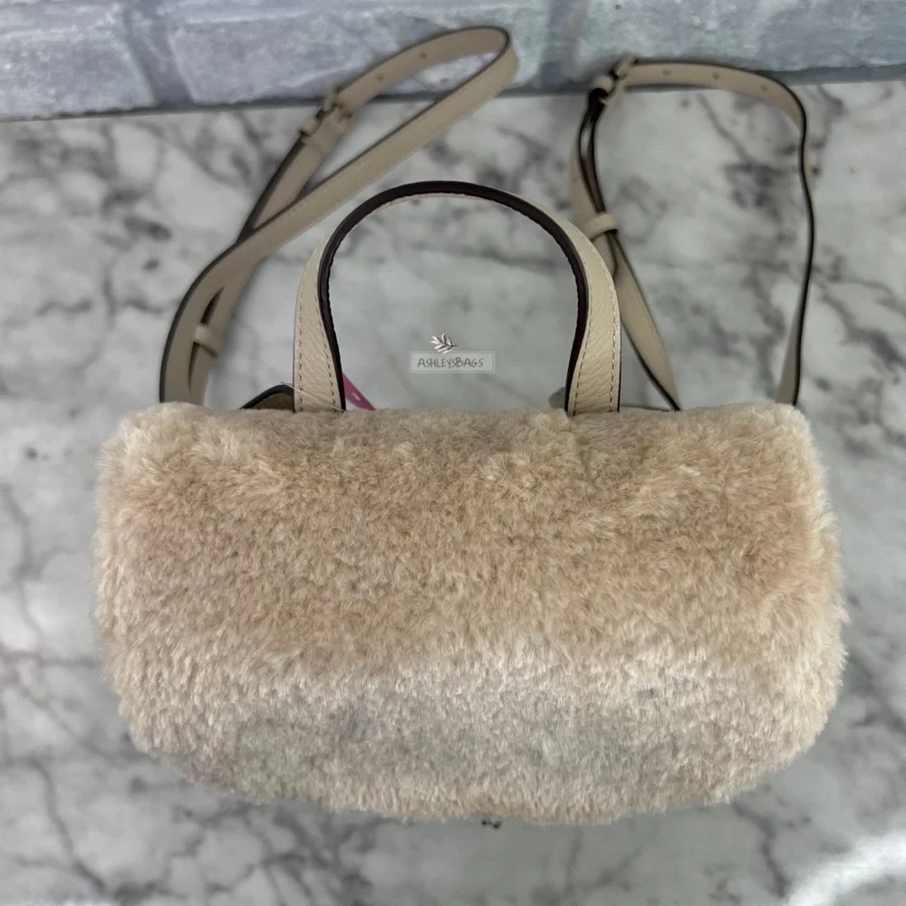 Kate Spade Leila Medium Flap Backpack Faux Shearling In Light Sand